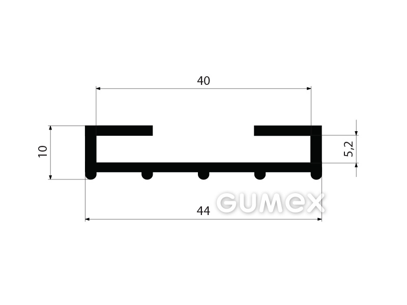Pryžový profil tvaru "C", 44x10mm, na tloušťku plechu 5,2mm, na šířku plechu 40mm, 70°ShA, EPDM, -40°C/+100°C, černý